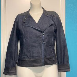 NEW YORK & COMPANY Women's Moto Denim Jacket Dark Blue & Black Trims Large EUC